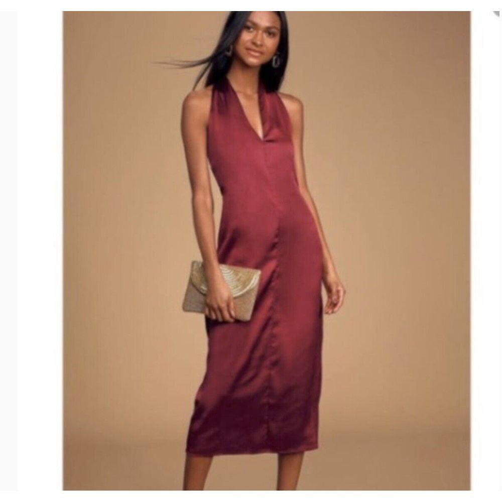 Bishop + Young Womens Camila T-Back Sheath Dress Burgundy Halter Neck‎ Zip S New